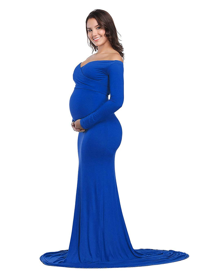 JustVH Maternity Fitted Gown Cross-Front V Neck Ruched Long Sleeve Maxi Photography Dress