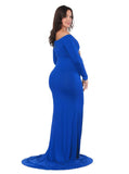 JustVH Maternity Fitted Gown Cross-Front V Neck Ruched Long Sleeve Maxi Photography Dress