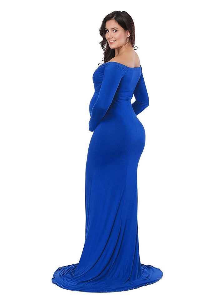 JustVH Maternity Fitted Gown Cross-Front V Neck Ruched Long Sleeve Maxi Photography Dress