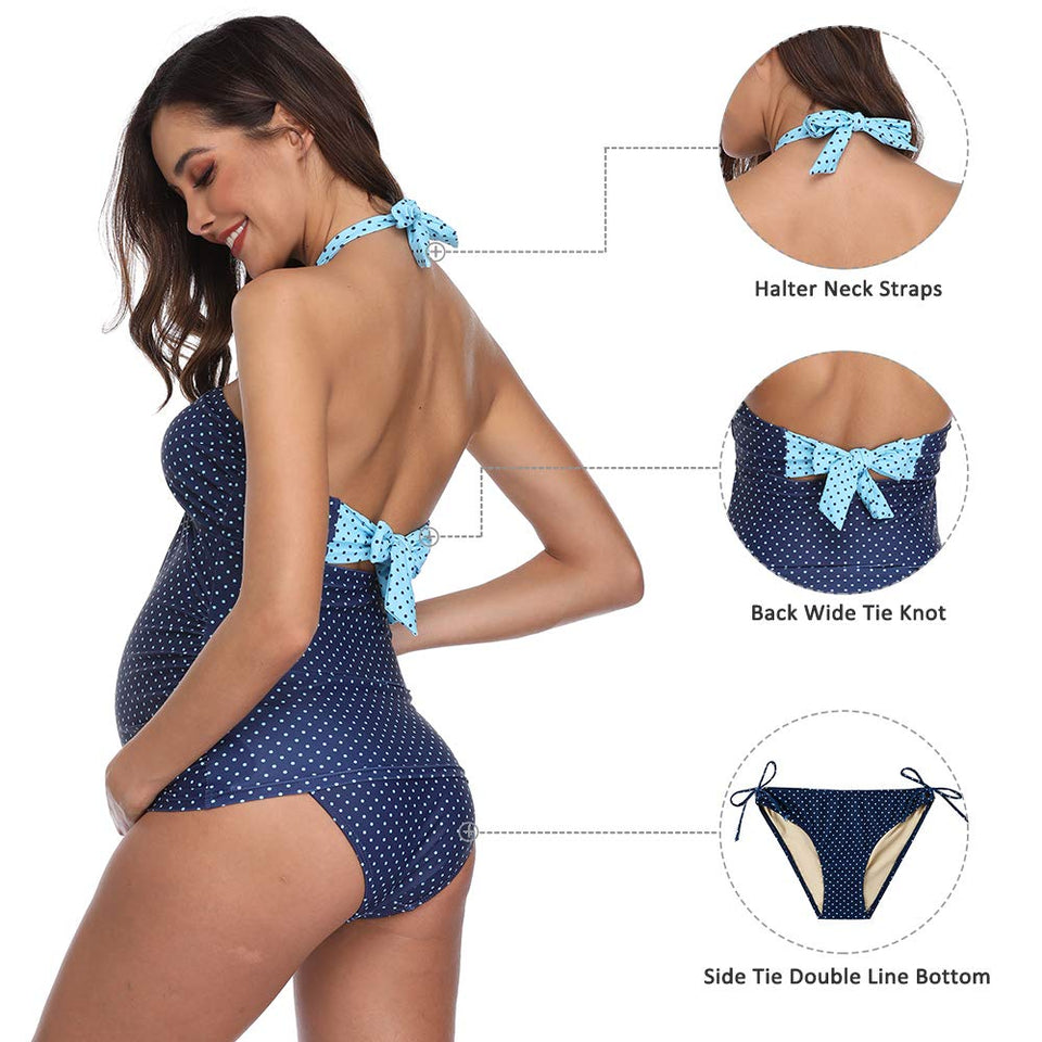Halter Women's Maternity Tankini Polka Dot Two Piece Swimsuit