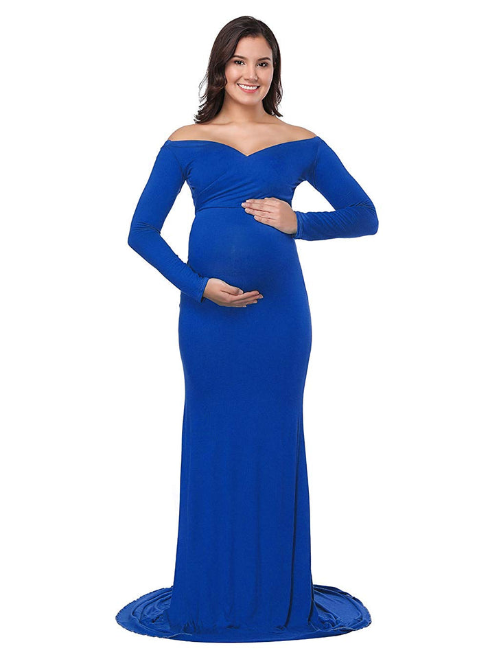 JustVH Maternity Fitted Gown Cross-Front V Neck Ruched Long Sleeve Maxi Photography Dress