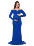 JustVH Maternity Fitted Gown Cross-Front V Neck Ruched Long Sleeve Maxi Photography Dress