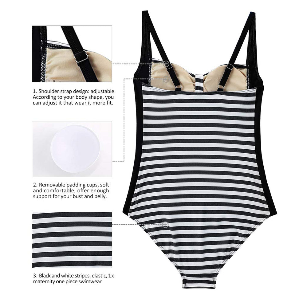 Women Maternity One Piece Swimsuit Striped Vintage Tummy Control