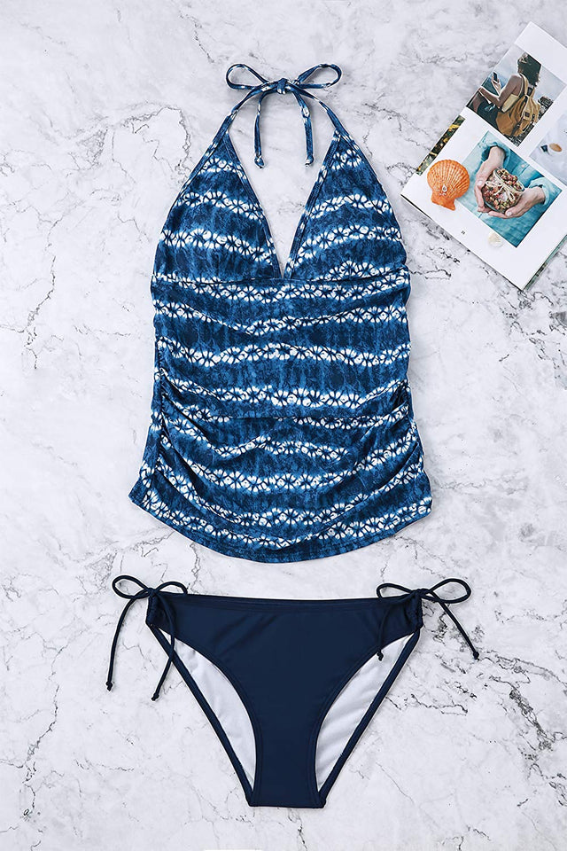 Halter Neck Maternity Tankini Tie-dye Striped Swimsuit Set